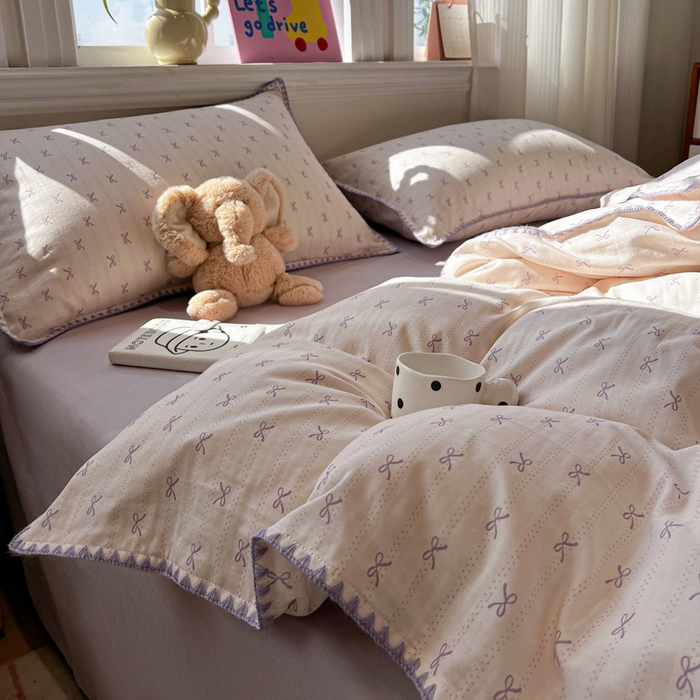 91家纺网 家纺一手货源 找家纺 忆生活家纺 2026新款A类全棉有氧双层纱贝壳边三角针四件套 蝴蝶结-紫