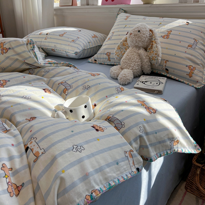 91家纺网 家纺一手货源 找家纺 忆生活家纺 2026新款A类全棉有氧双层纱贝壳边三角针四件套 机灵旺仔