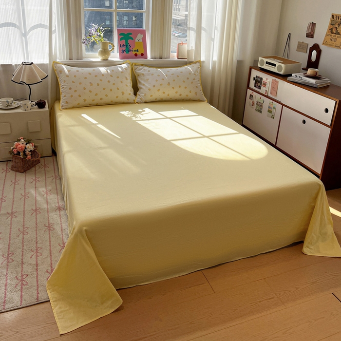 91家纺网 家纺一手货源 找家纺 忆生活家纺 2026新款A类全棉有氧双层纱贝壳边三角针四件套 檬檬羊