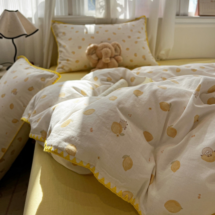 忆生活家纺 2026新款A类全棉有氧双层纱贝壳边三角针四件套 檬檬羊