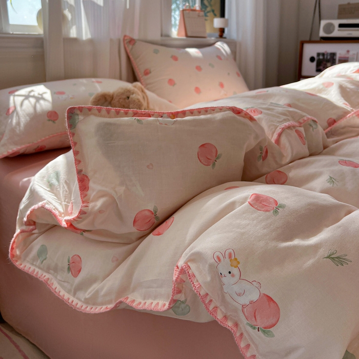 91家纺网 家纺一手货源 找家纺 忆生活家纺 2026新款A类全棉有氧双层纱贝壳边三角针四件套 桃桃酱