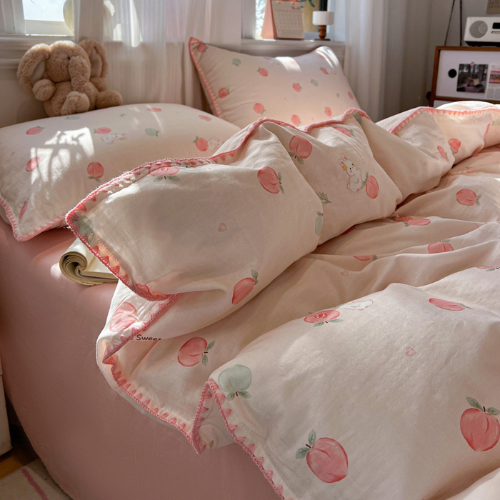 91家纺网 家纺一手货源 找家纺 忆生活家纺 2026新款A类全棉有氧双层纱贝壳边三角针四件套 桃桃酱