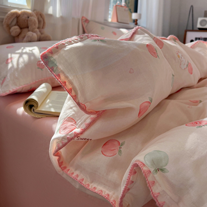 91家纺网 家纺一手货源 找家纺 忆生活家纺 2026新款A类全棉有氧双层纱贝壳边三角针四件套 桃桃酱