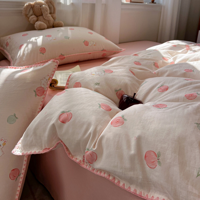 91家纺网 家纺一手货源 找家纺 忆生活家纺 2026新款A类全棉有氧双层纱贝壳边三角针四件套 桃桃酱