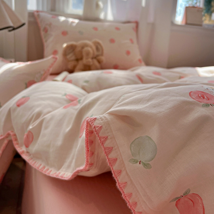 忆生活家纺 2026新款A类全棉有氧双层纱贝壳边三角针四件套 桃桃酱