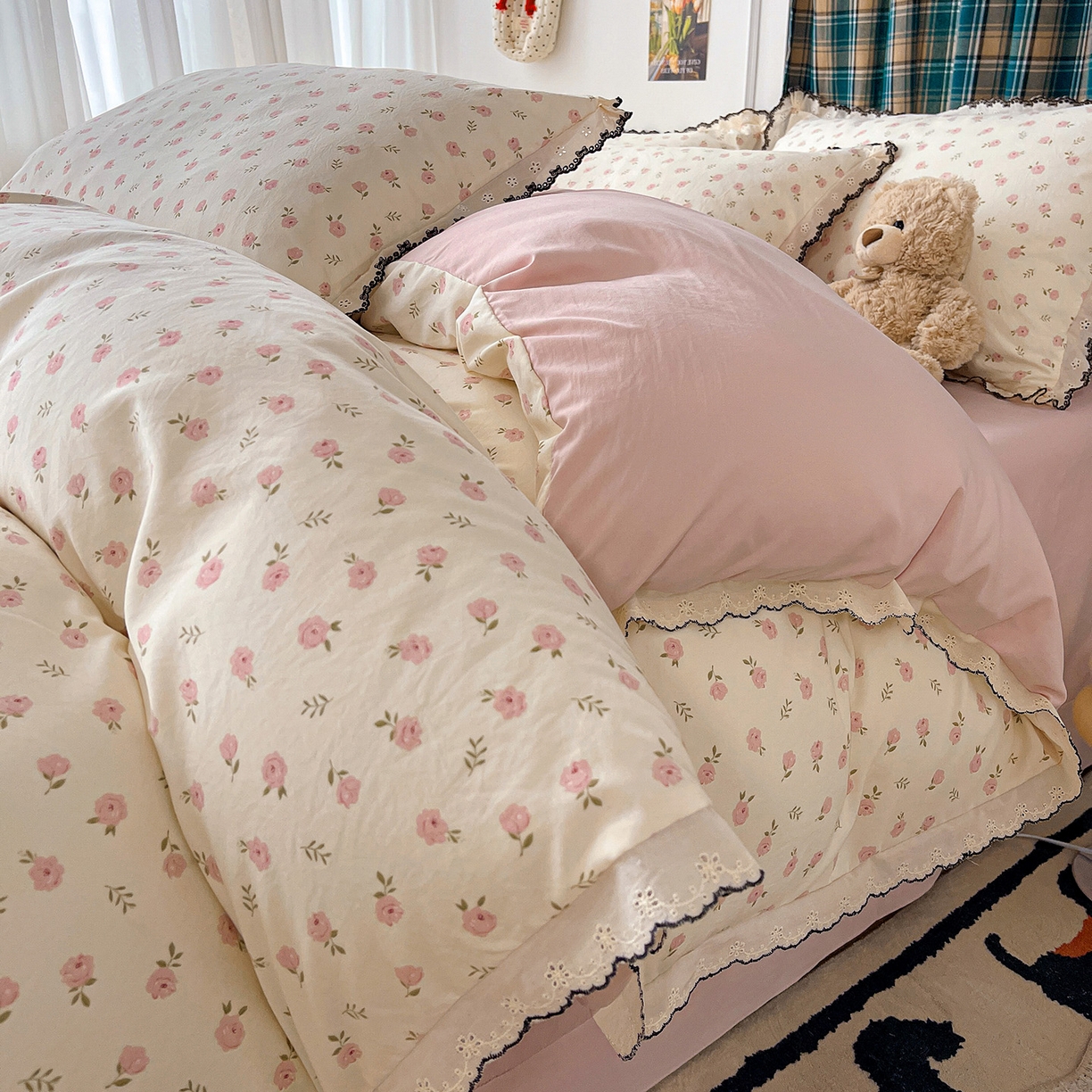 金梦拉家纺 2026春夏新款古法水洗棉花边系列四件套 花边-蜜桃花开