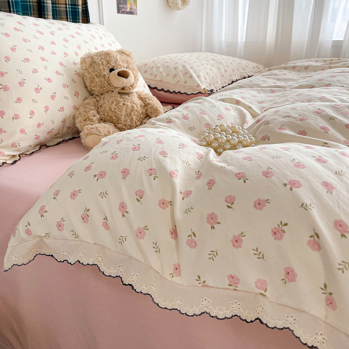 91家纺网 家纺一手货源 找家纺 金梦拉家纺 2026春夏新款古法水洗棉花边系列四件套 花边-蜜桃花开