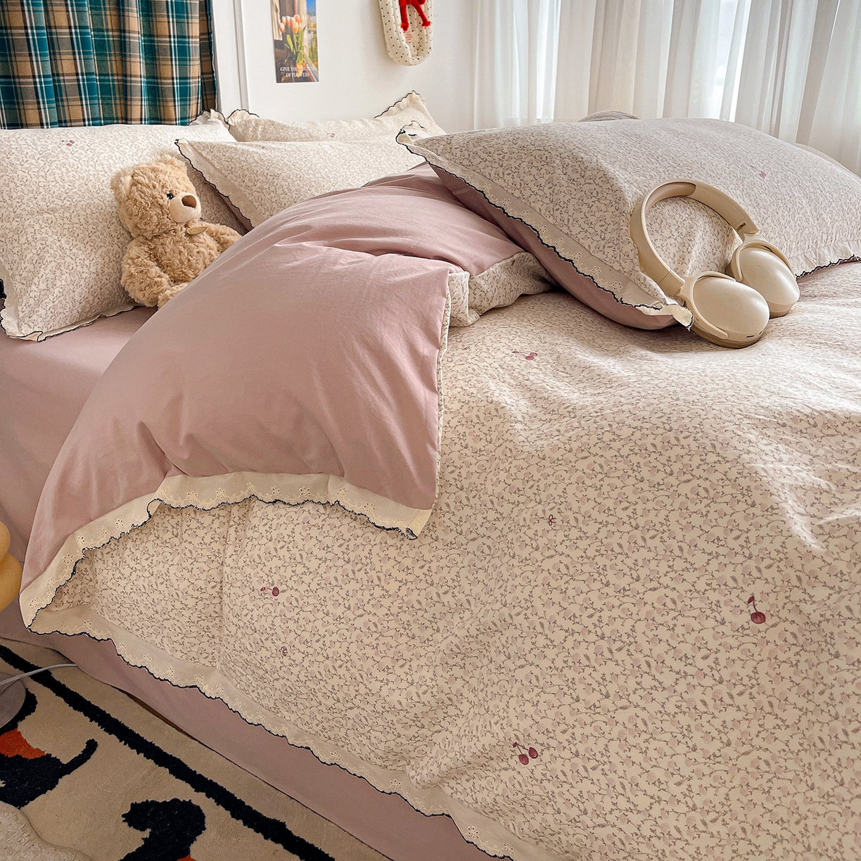 91家纺网 家纺一手货源 找家纺 金梦拉家纺 2026春夏新款古法水洗棉花边系列四件套 花边-春满园