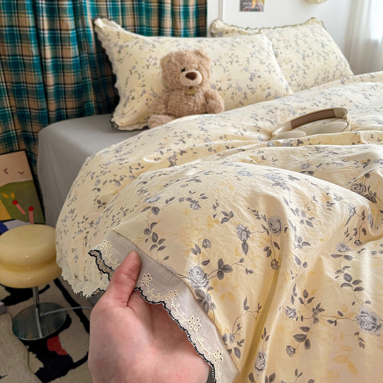 91家纺网 家纺一手货源 找家纺 金梦拉家纺 2026春夏新款古法水洗棉花边系列四件套 花边-恋栀