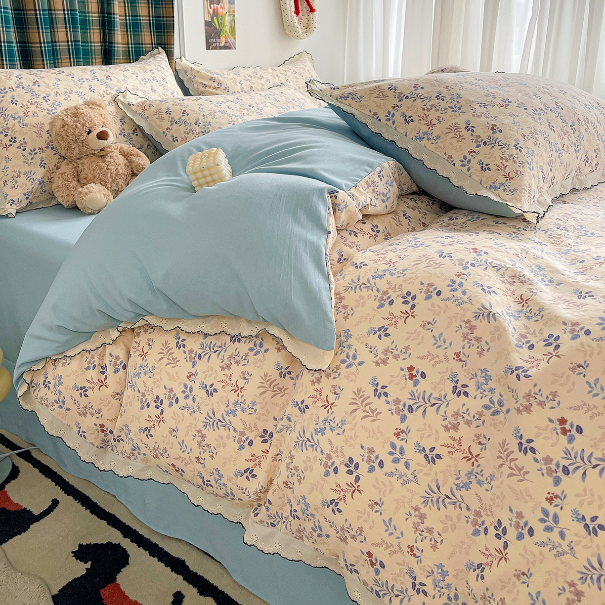 91家纺网 家纺一手货源 找家纺 金梦拉家纺 2026春夏新款古法水洗棉花边系列四件套 花边-兰茵