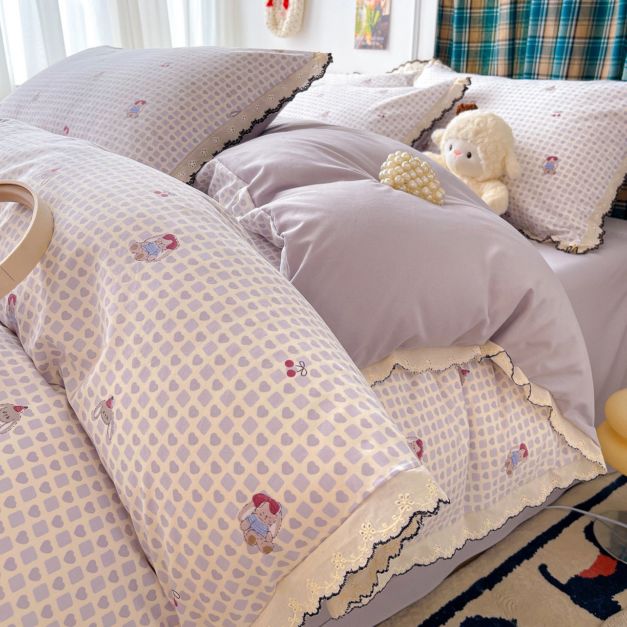 金梦拉家纺 2026春夏新款古法水洗棉花边系列四件套 花边-玩偶兔