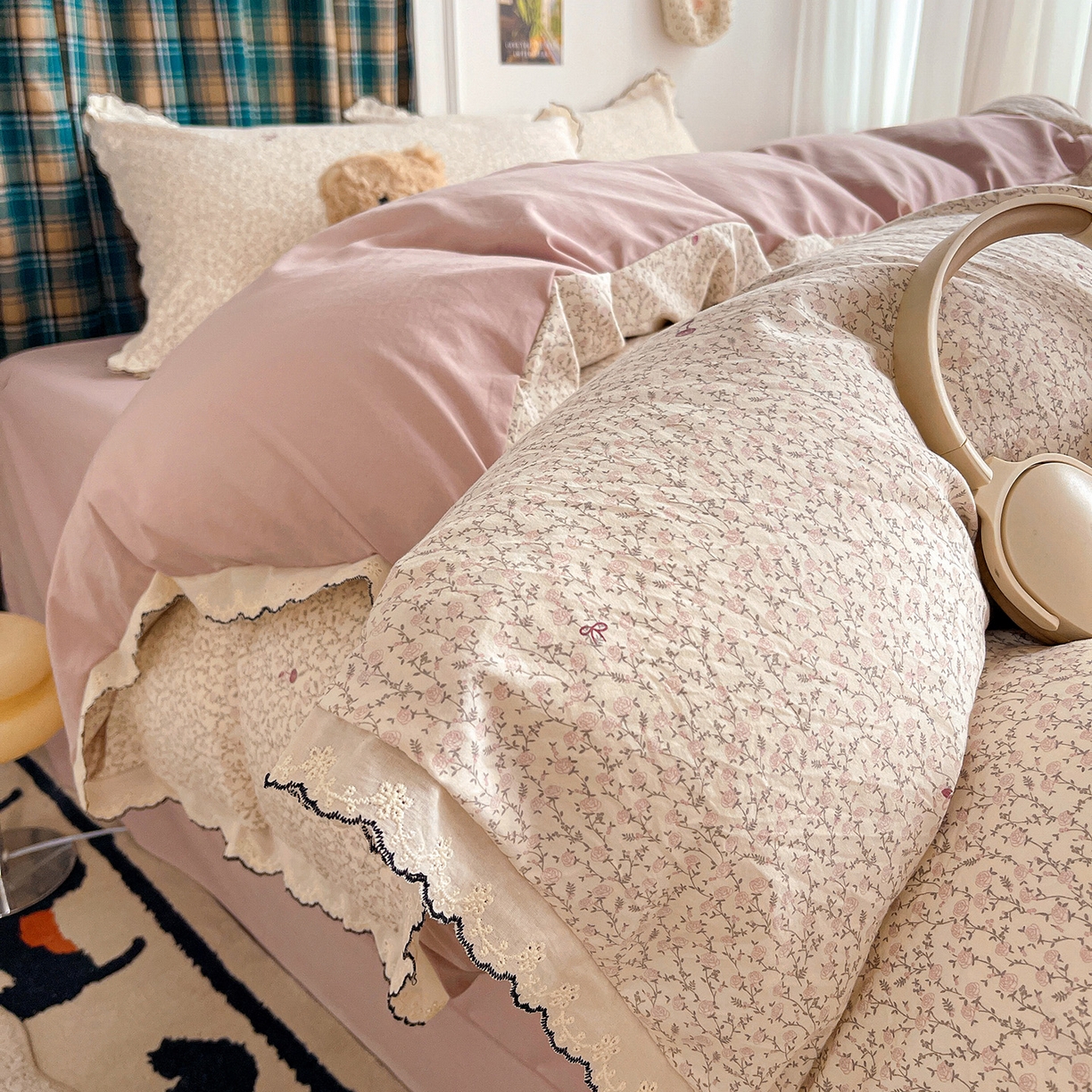 91家纺网 家纺一手货源 找家纺 金梦拉家纺 2026春夏新款古法水洗棉花边系列四件套 花边-春满园