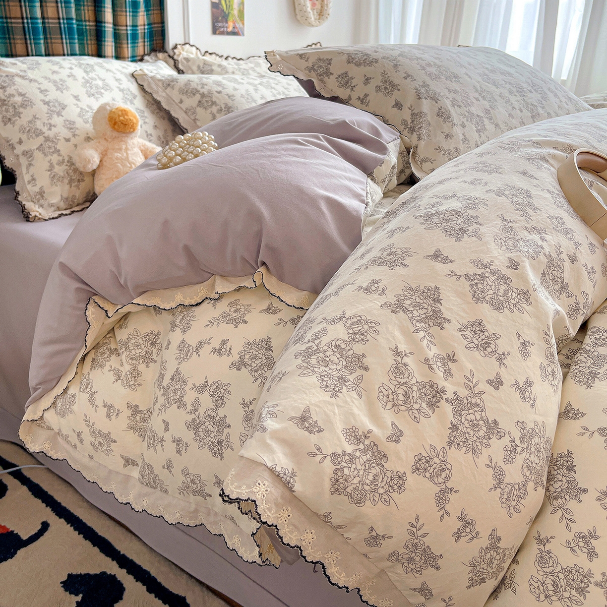 91家纺网 家纺一手货源 找家纺 金梦拉家纺 2026春夏新款古法水洗棉花边系列四件套 花边-素卉