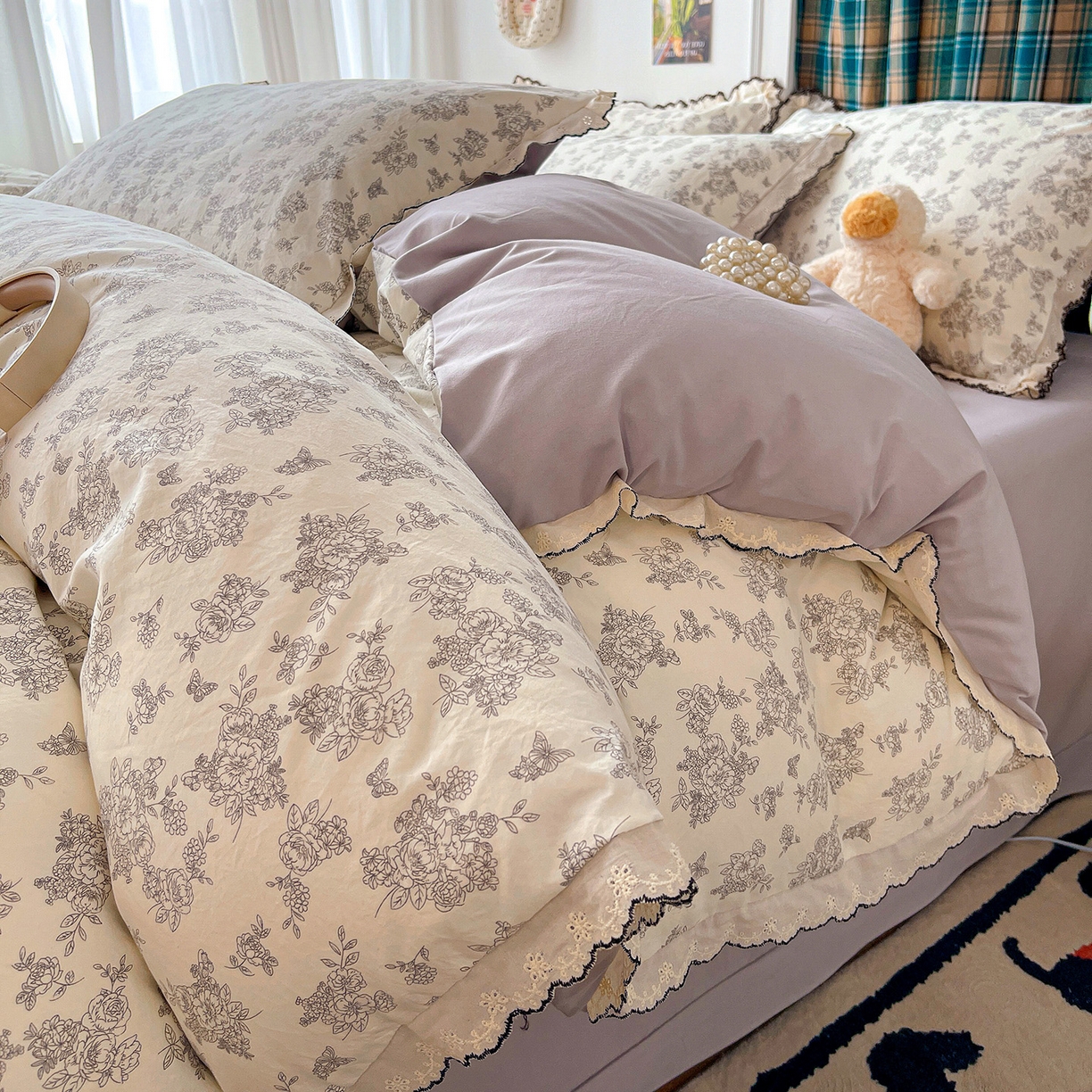 金梦拉家纺 2026春夏新款古法水洗棉花边系列四件套 花边-素卉