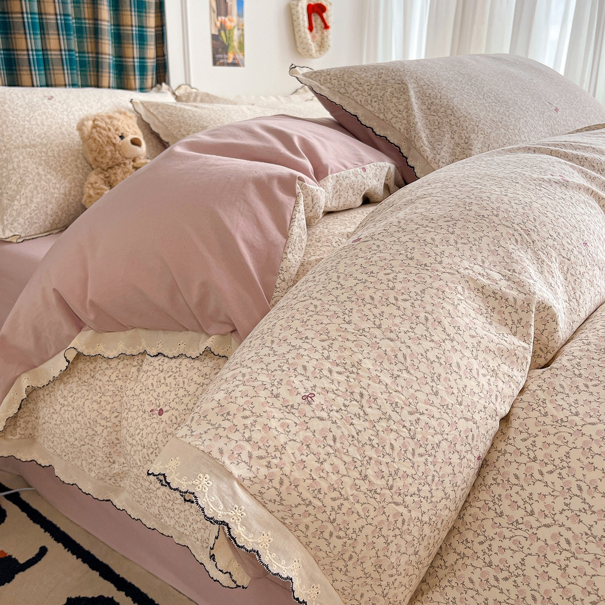 91家纺网 家纺一手货源 找家纺 金梦拉家纺 2026春夏新款古法水洗棉花边系列四件套 花边-春满园