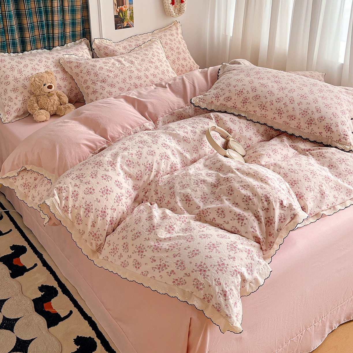 91家纺网 家纺一手货源 找家纺 金梦拉家纺 2026春夏新款古法水洗棉花边系列四件套 花边-桃花朵朵