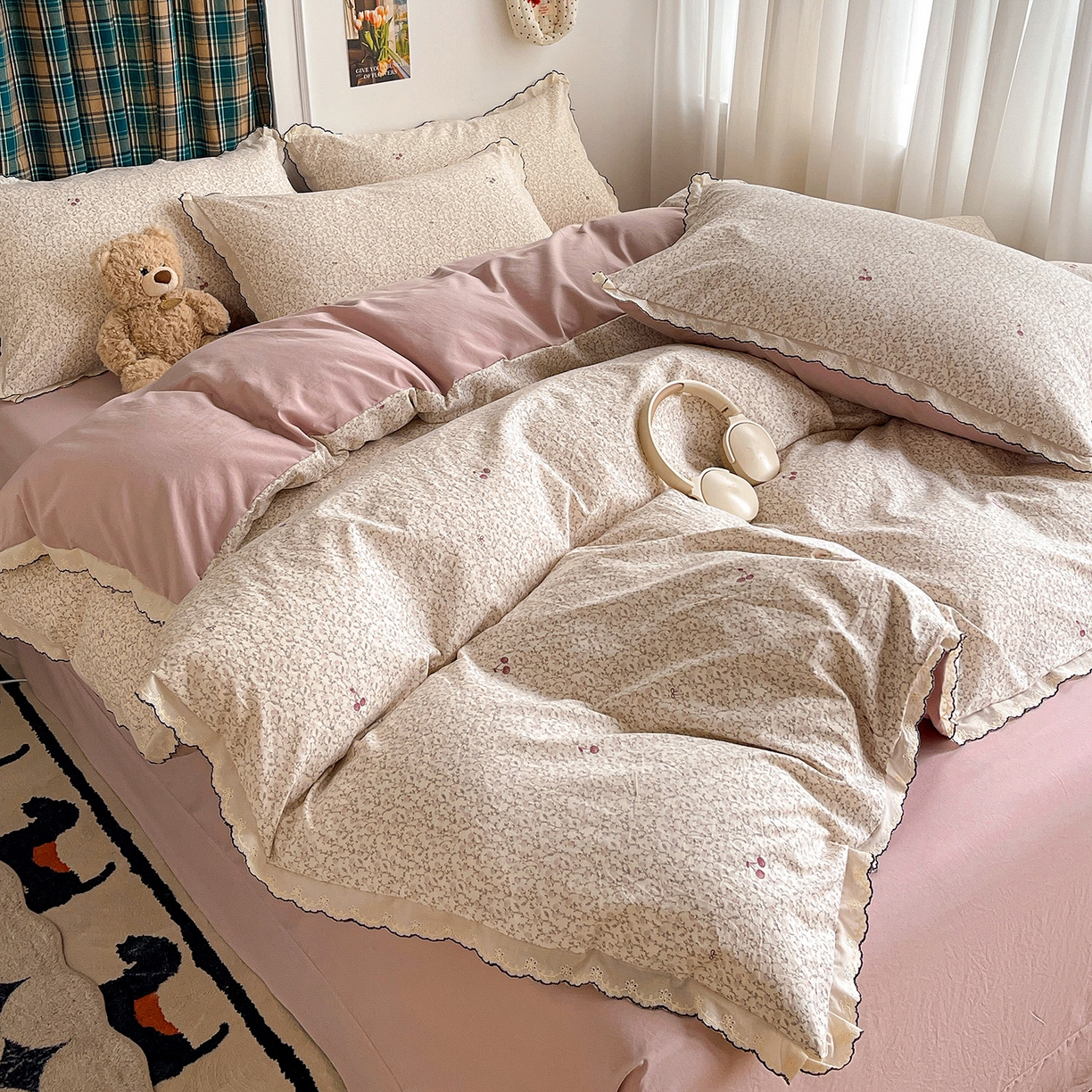 91家纺网 家纺一手货源 找家纺 金梦拉家纺 2026春夏新款古法水洗棉花边系列四件套 花边-春满园