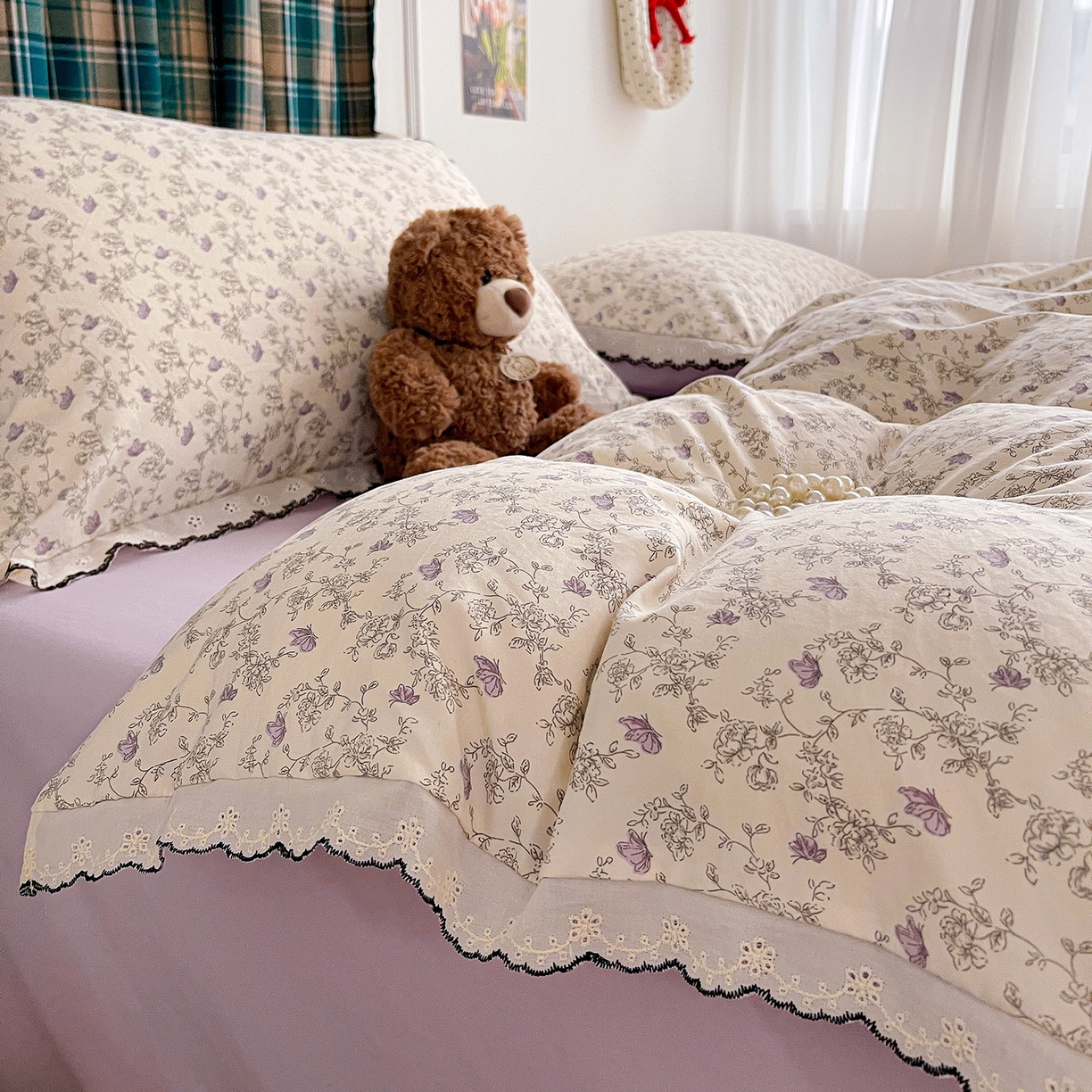 91家纺网 家纺一手货源 找家纺 金梦拉家纺 2026春夏新款古法水洗棉花边系列四件套 花边-紫藤花