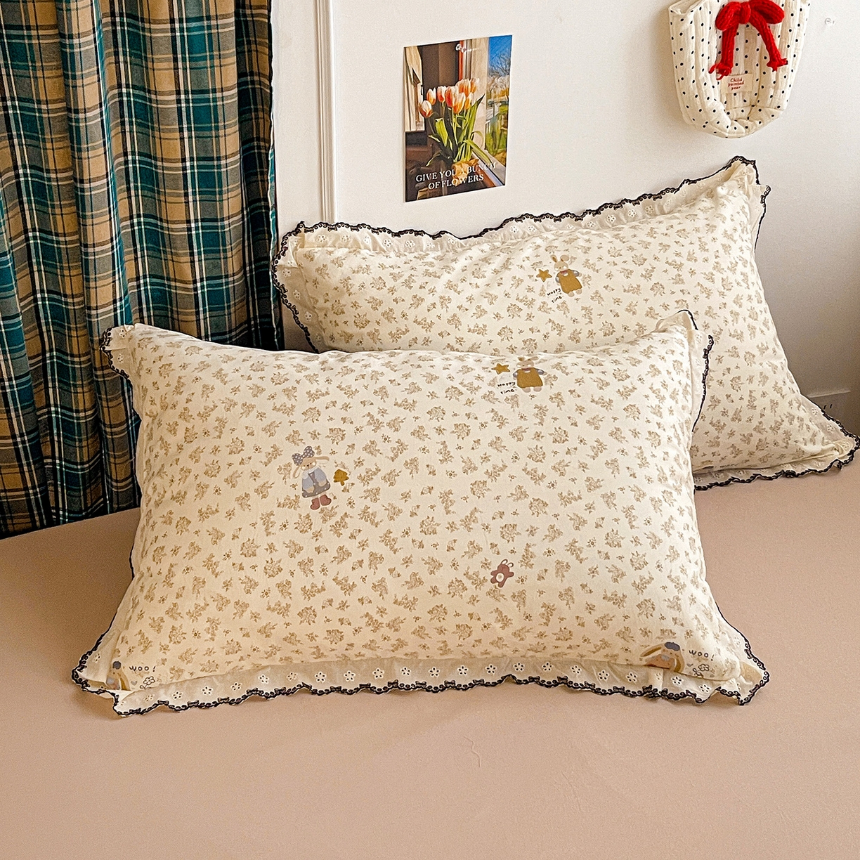 91家纺网 家纺一手货源 找家纺 金梦拉家纺 2026春夏新款古法水洗棉花边系列四件套 花边-咖色兔