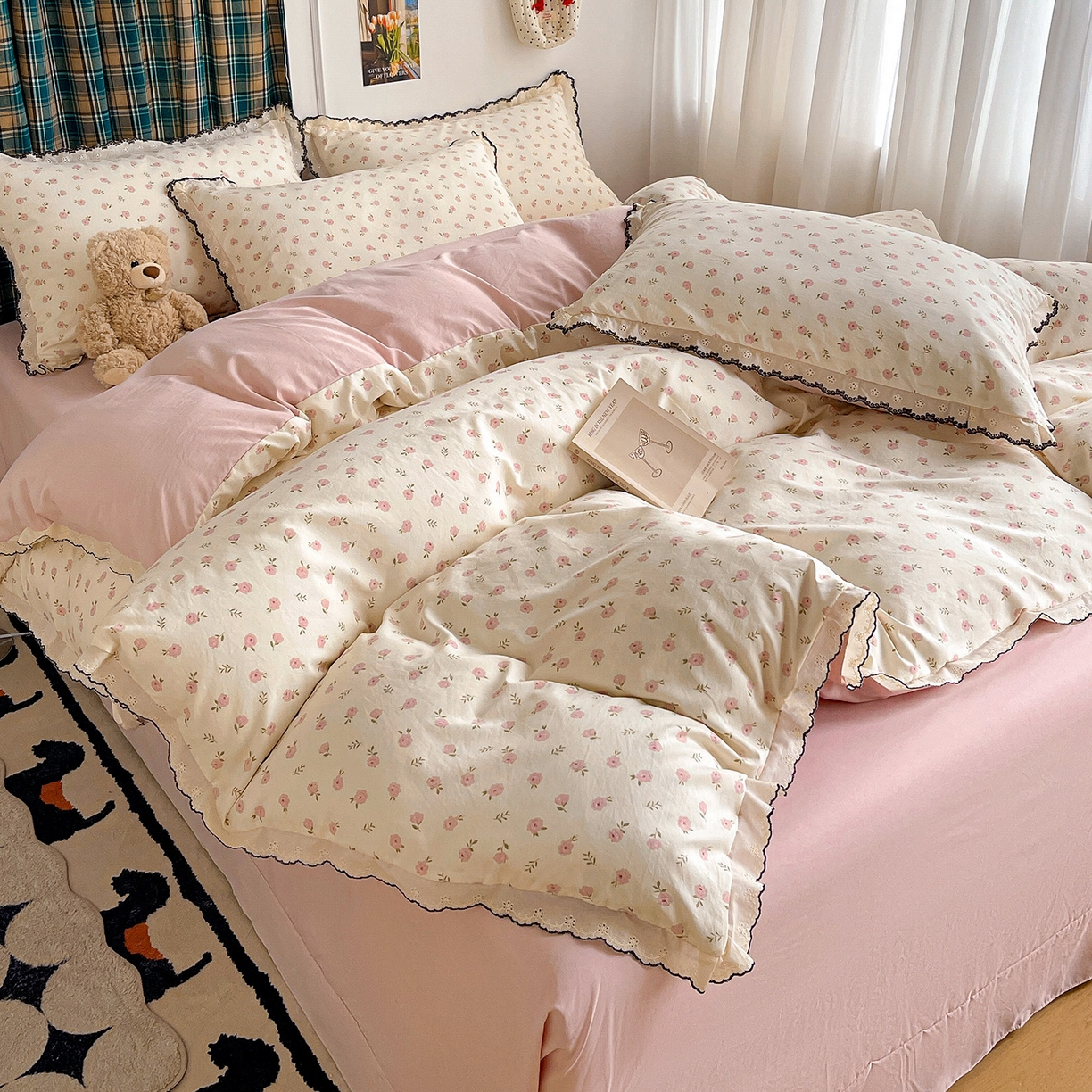 91家纺网 家纺一手货源 找家纺 金梦拉家纺 2026春夏新款古法水洗棉花边系列四件套 花边-蜜桃花开