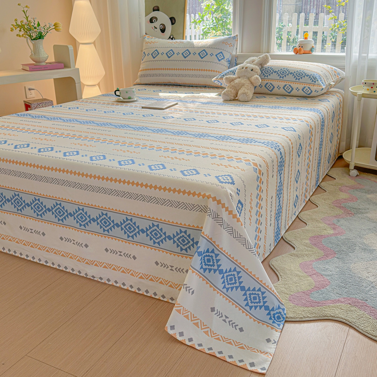 91家纺网 家纺一手货源 找家纺 莱登卡奴 2026新款A类100%全棉纯棉老粗布单床单系列 花田初夏蓝