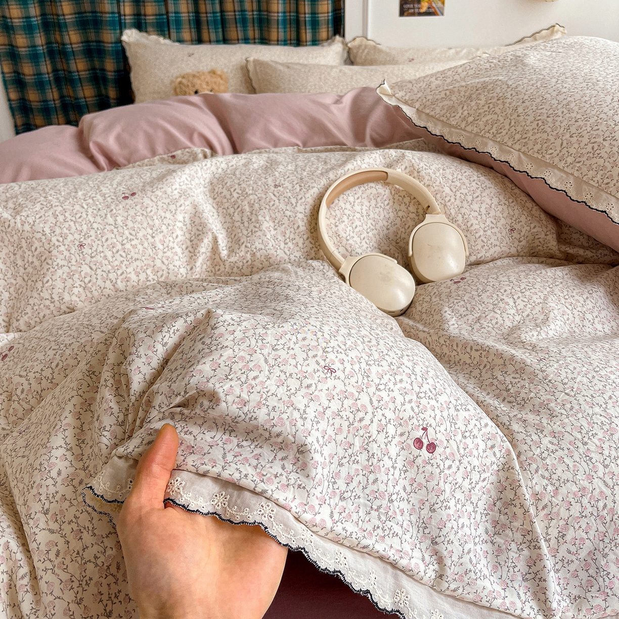 91家纺网 家纺一手货源 找家纺 金梦拉家纺 2026春夏新款古法水洗棉花边系列四件套 花边-春满园