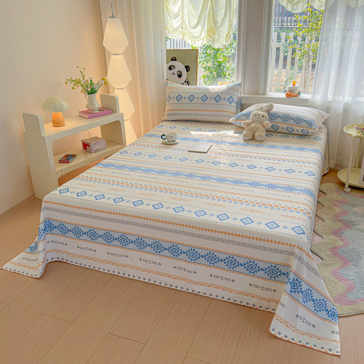 91家纺网 家纺一手货源 找家纺 莱登卡奴 2026新款A类100%全棉纯棉老粗布单床单系列 花田初夏蓝