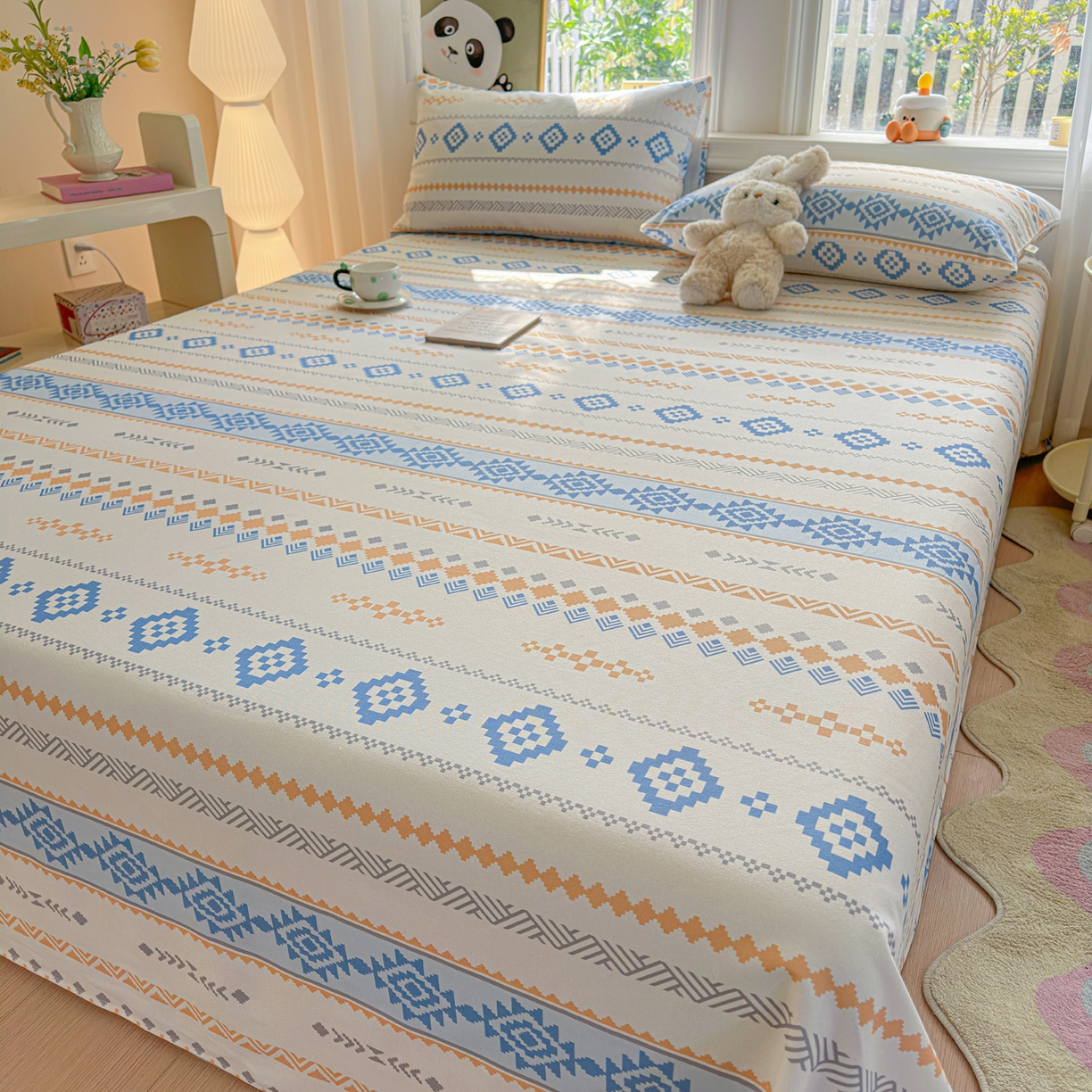 91家纺网 家纺一手货源 找家纺 莱登卡奴 2026新款A类100%全棉纯棉老粗布单床单系列 花田初夏蓝