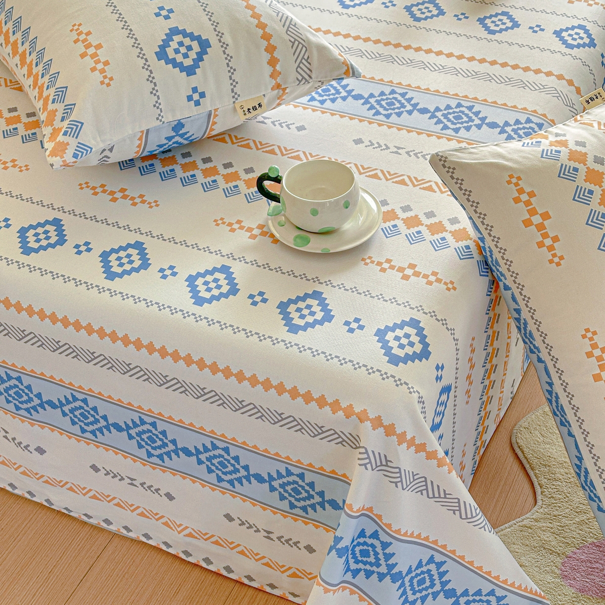 91家纺网 家纺一手货源 找家纺 莱登卡奴 2026新款A类100%全棉纯棉老粗布单床单系列 花田初夏蓝