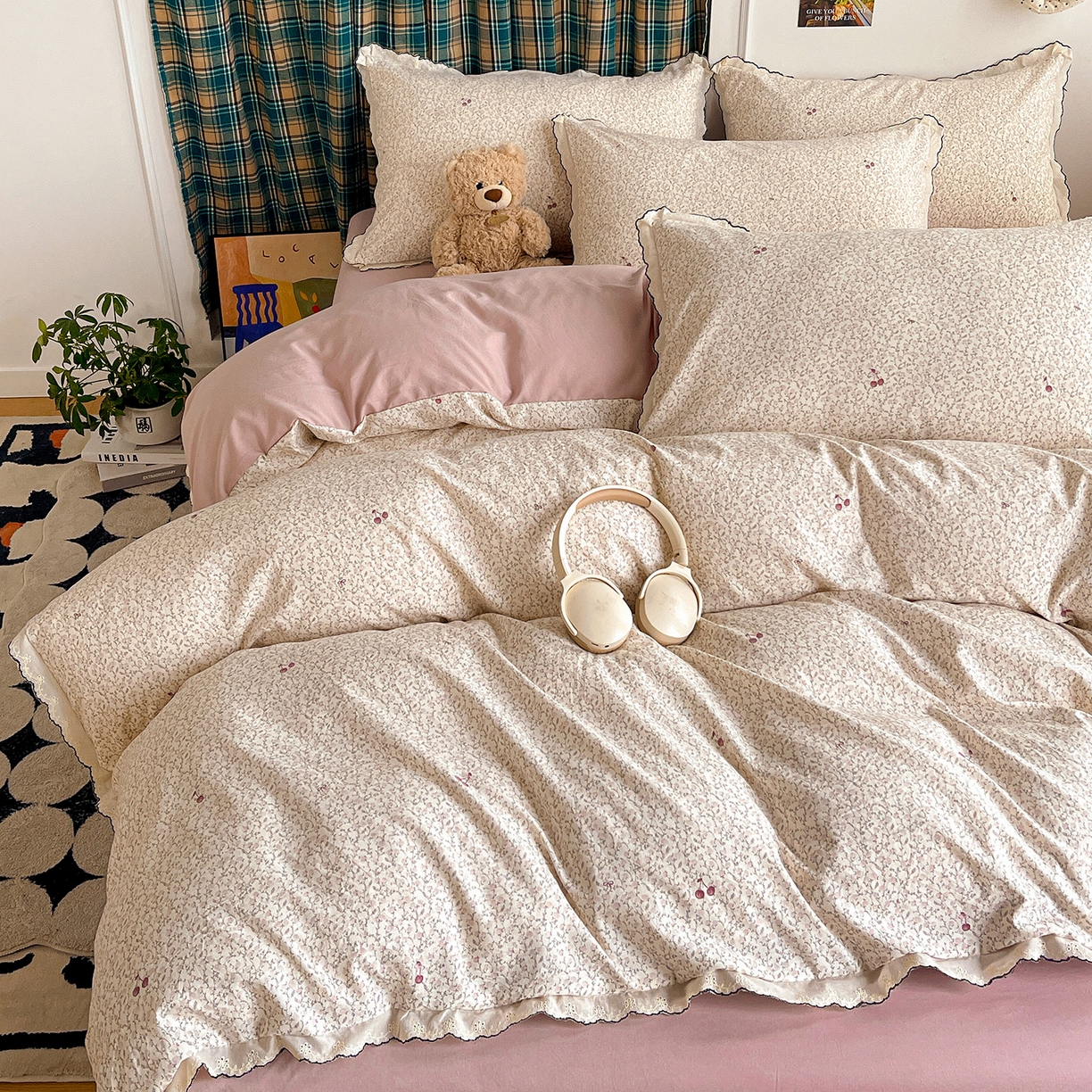 91家纺网 家纺一手货源 找家纺 金梦拉家纺 2026春夏新款古法水洗棉花边系列四件套 花边-春满园