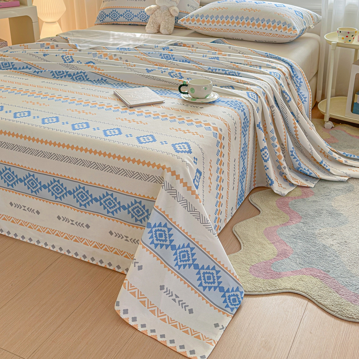 91家纺网 家纺一手货源 找家纺 莱登卡奴 2026新款A类100%全棉纯棉老粗布单床单系列 花田初夏蓝