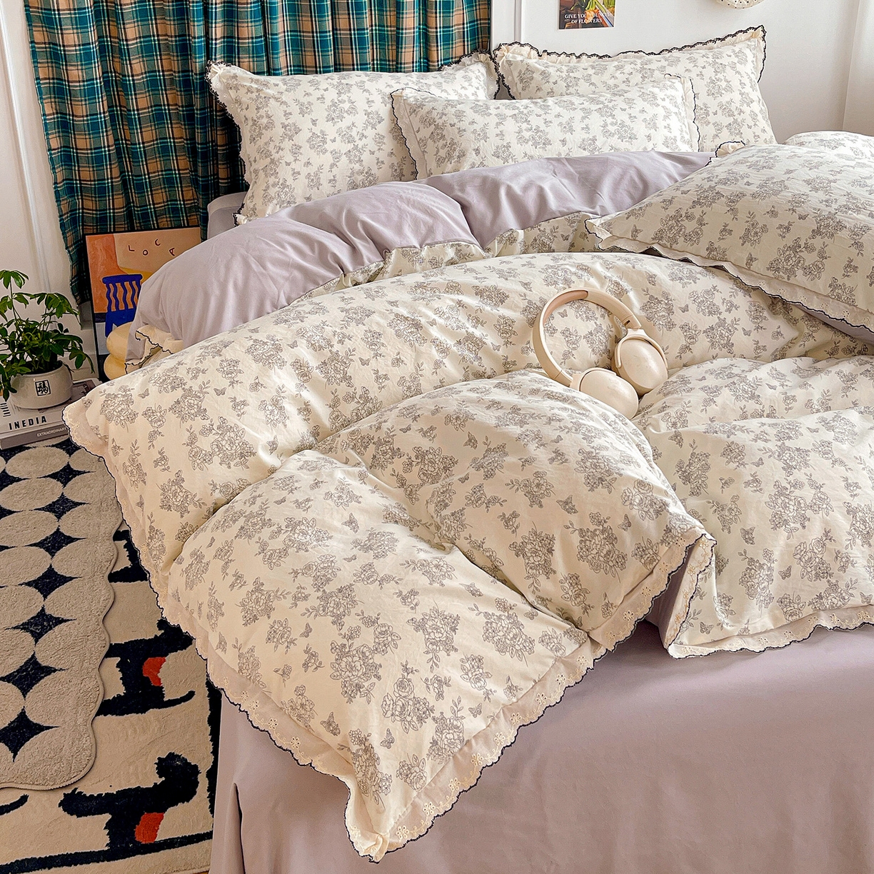 91家纺网 家纺一手货源 找家纺 金梦拉家纺 2026春夏新款古法水洗棉花边系列四件套 花边-素卉