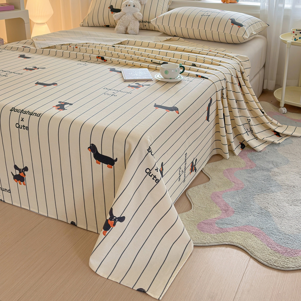 91家纺网 家纺一手货源 找家纺 莱登卡奴 2026新款A类100%全棉纯棉老粗布单床单系列 腊肠犬