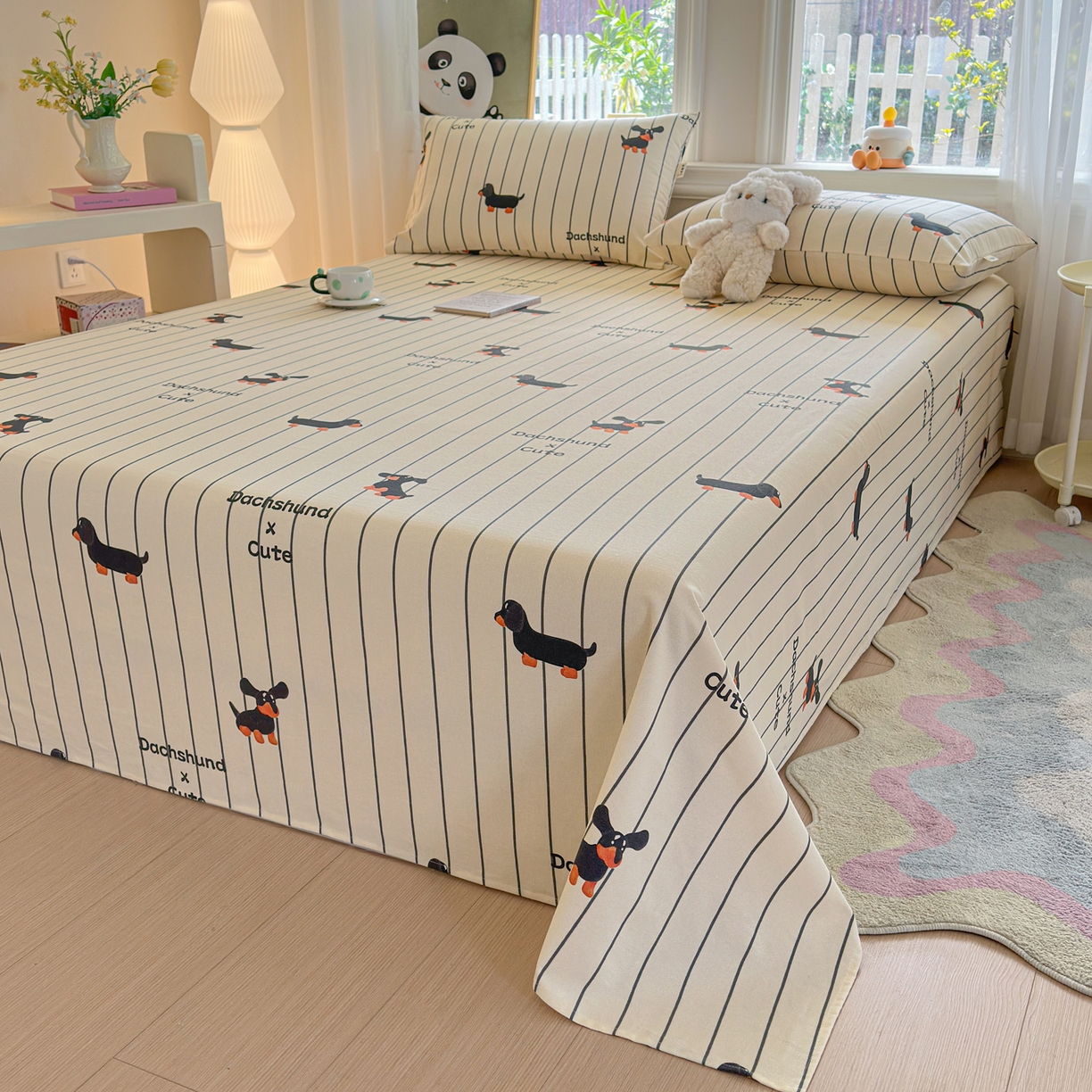 91家纺网 家纺一手货源 找家纺 莱登卡奴 2026新款A类100%全棉纯棉老粗布单床单系列 腊肠犬