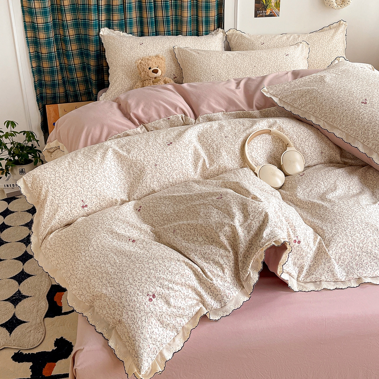 91家纺网 家纺一手货源 找家纺 金梦拉家纺 2026春夏新款古法水洗棉花边系列四件套 花边-春满园