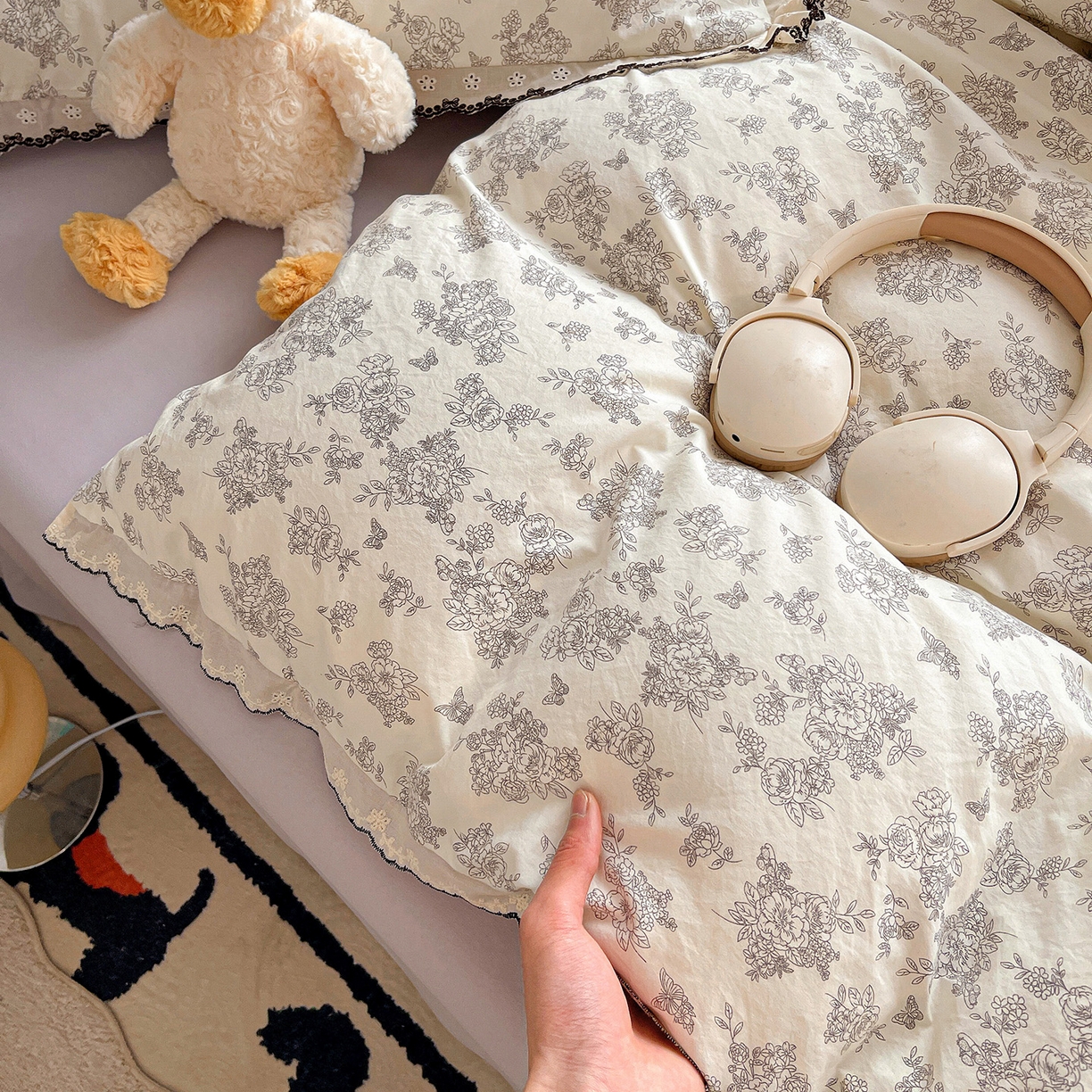 91家纺网 家纺一手货源 找家纺 金梦拉家纺 2026春夏新款古法水洗棉花边系列四件套 花边-素卉