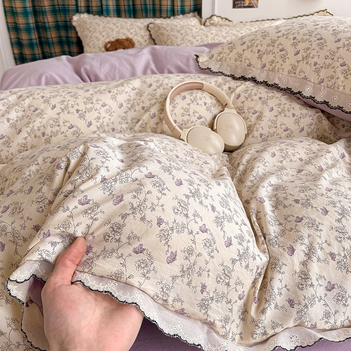 91家纺网 家纺一手货源 找家纺 金梦拉家纺 2026春夏新款古法水洗棉花边系列四件套 花边-紫藤花