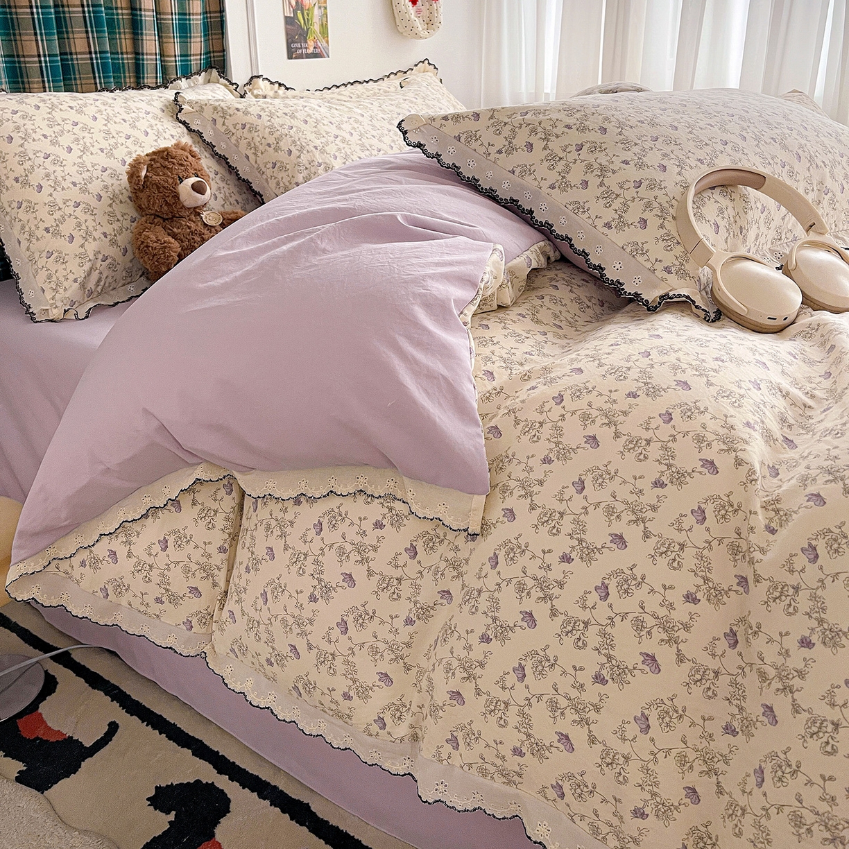 91家纺网 家纺一手货源 找家纺 金梦拉家纺 2026春夏新款古法水洗棉花边系列四件套 花边-紫藤花