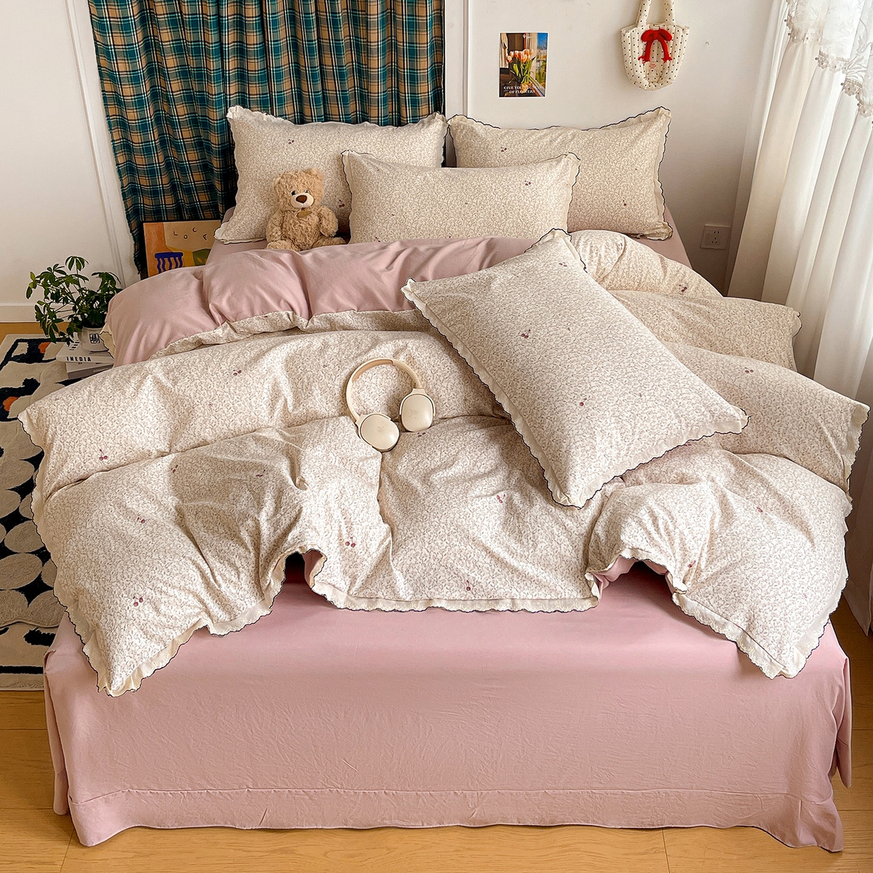 91家纺网 家纺一手货源 找家纺 金梦拉家纺 2026春夏新款古法水洗棉花边系列四件套 花边-春满园