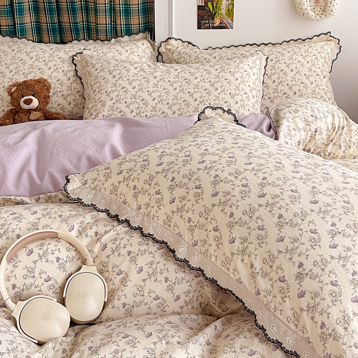 91家纺网 家纺一手货源 找家纺 金梦拉家纺 2026春夏新款古法水洗棉花边系列四件套 花边-紫藤花