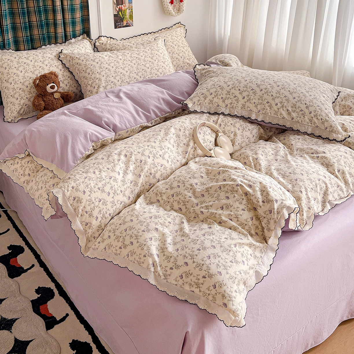 91家纺网 家纺一手货源 找家纺 金梦拉家纺 2026春夏新款古法水洗棉花边系列四件套 花边-紫藤花