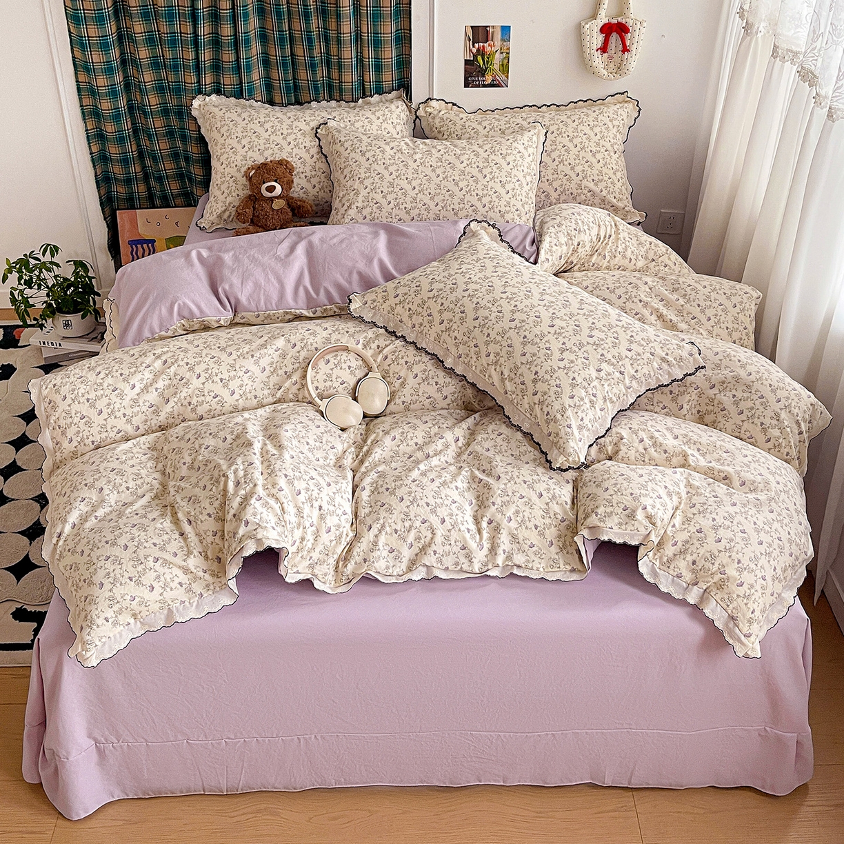 91家纺网 家纺一手货源 找家纺 金梦拉家纺 2026春夏新款古法水洗棉花边系列四件套 花边-紫藤花