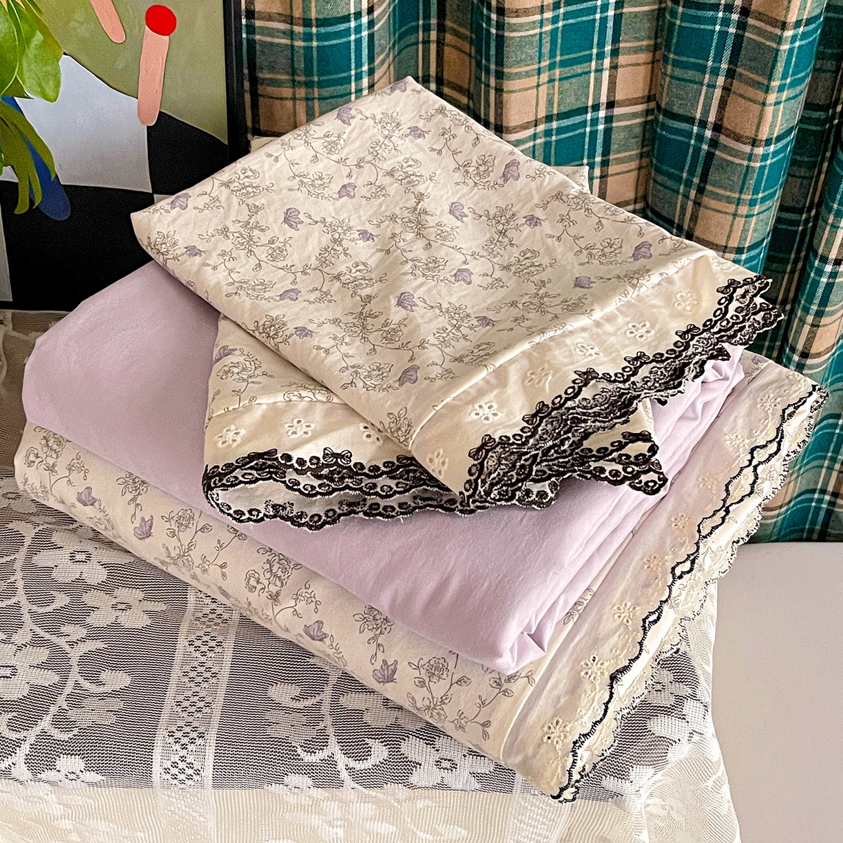 91家纺网 家纺一手货源 找家纺 金梦拉家纺 2026春夏新款古法水洗棉花边系列四件套 花边-紫藤花