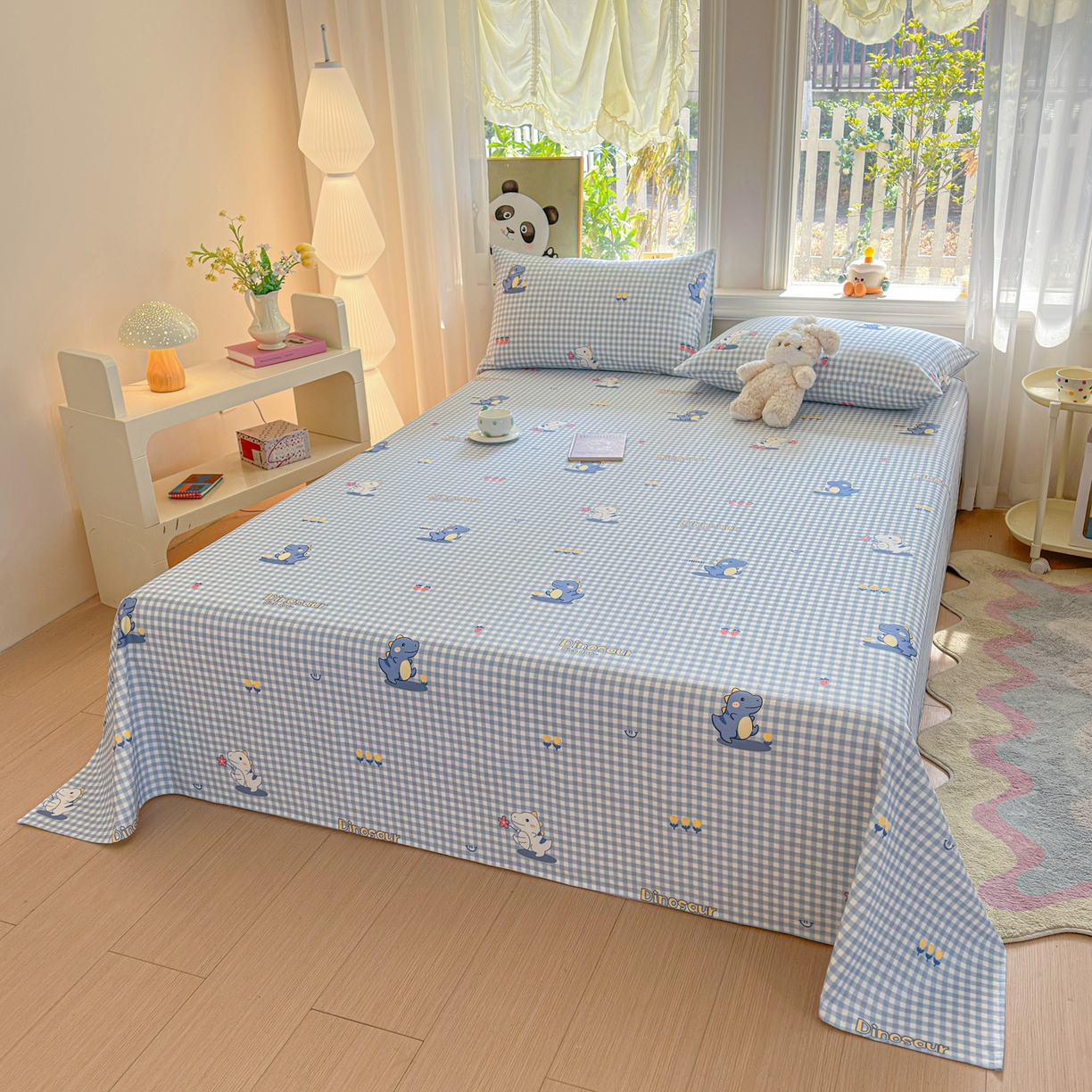 91家纺网 家纺一手货源 找家纺 莱登卡奴 2026新款A类100%全棉纯棉老粗布单床单系列 蓝恐龙