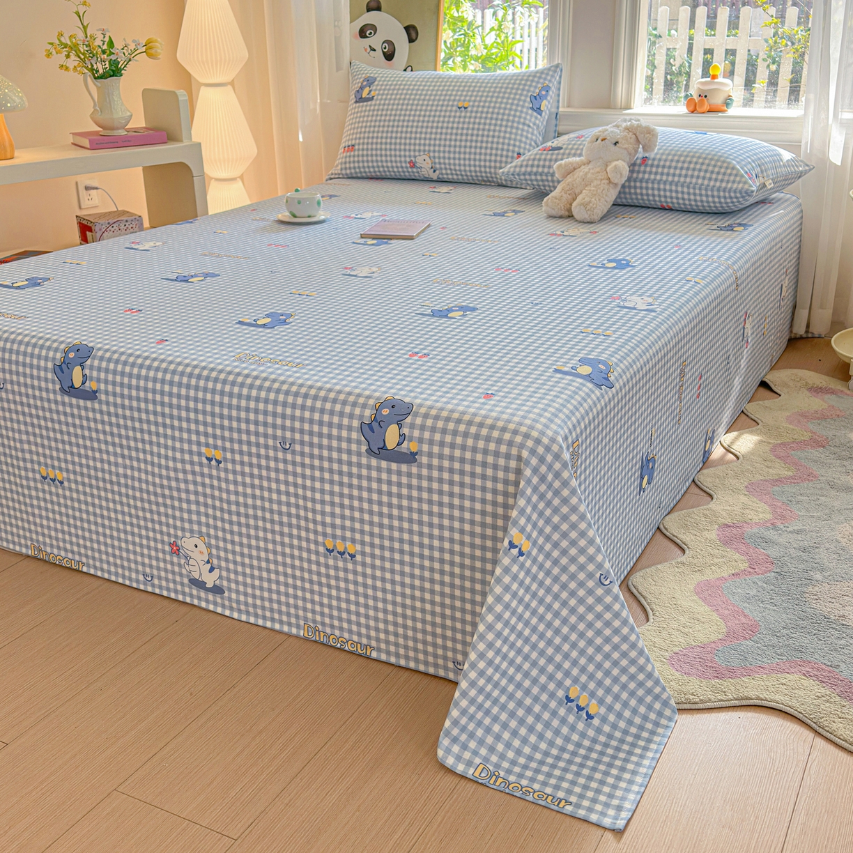 91家纺网 家纺一手货源 找家纺 莱登卡奴 2026新款A类100%全棉纯棉老粗布单床单系列 蓝恐龙