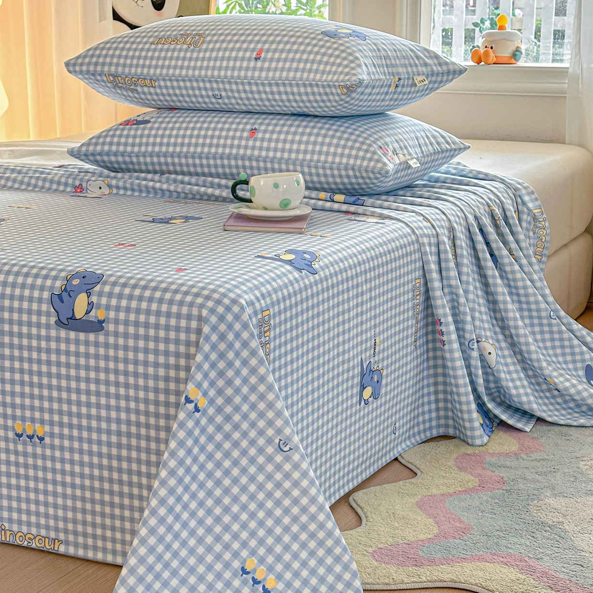 91家纺网 家纺一手货源 找家纺 莱登卡奴 2026新款A类100%全棉纯棉老粗布单床单系列 蓝恐龙