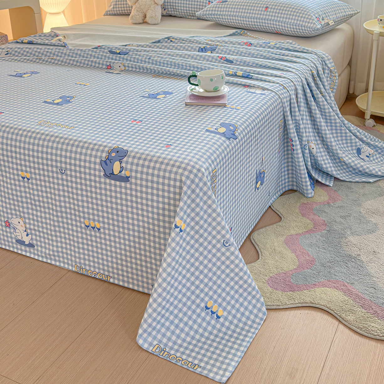 91家纺网 家纺一手货源 找家纺 莱登卡奴 2026新款A类100%全棉纯棉老粗布单床单系列 蓝恐龙