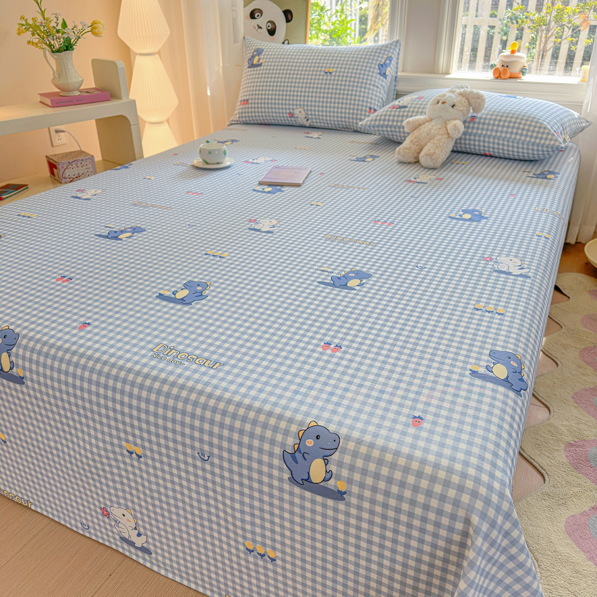 91家纺网 家纺一手货源 找家纺 莱登卡奴 2026新款A类100%全棉纯棉老粗布单床单系列 蓝恐龙