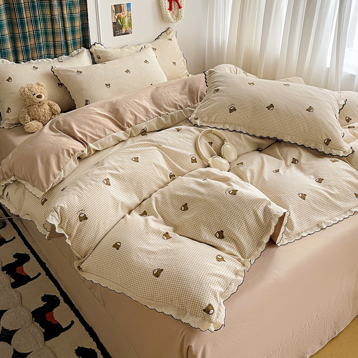 91家纺网 家纺一手货源 找家纺 金梦拉家纺 2026春夏新款古法水洗棉花边系列四件套 花边-可爱小熊