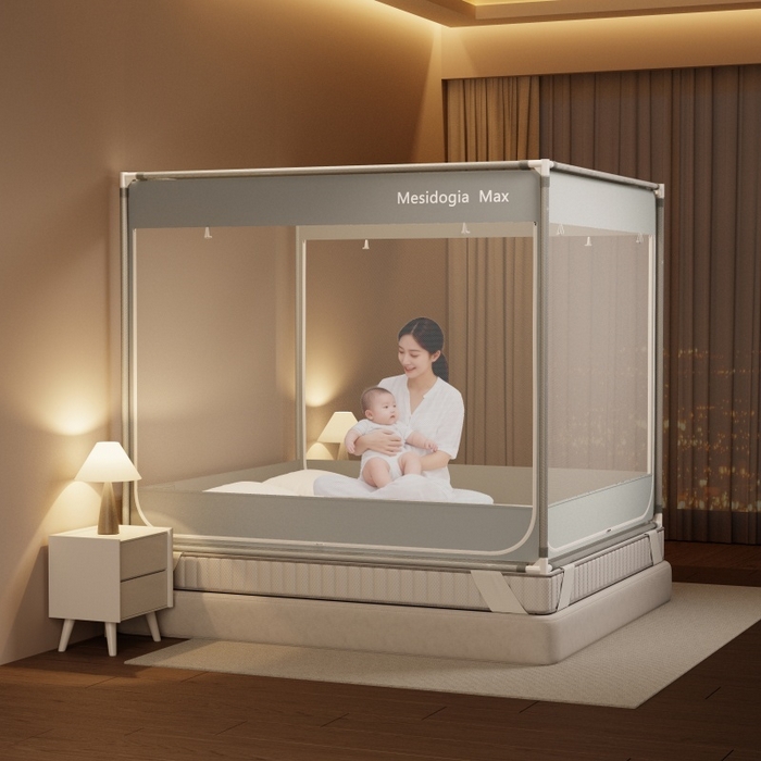 91家纺网 家纺一手货源 找家纺 （总）友承家纺 2026新款方顶坐床蚊帐防摔蚊帐家用卧室免安装儿童婴儿防止掉床罩三开门加粗拉链加粗支架